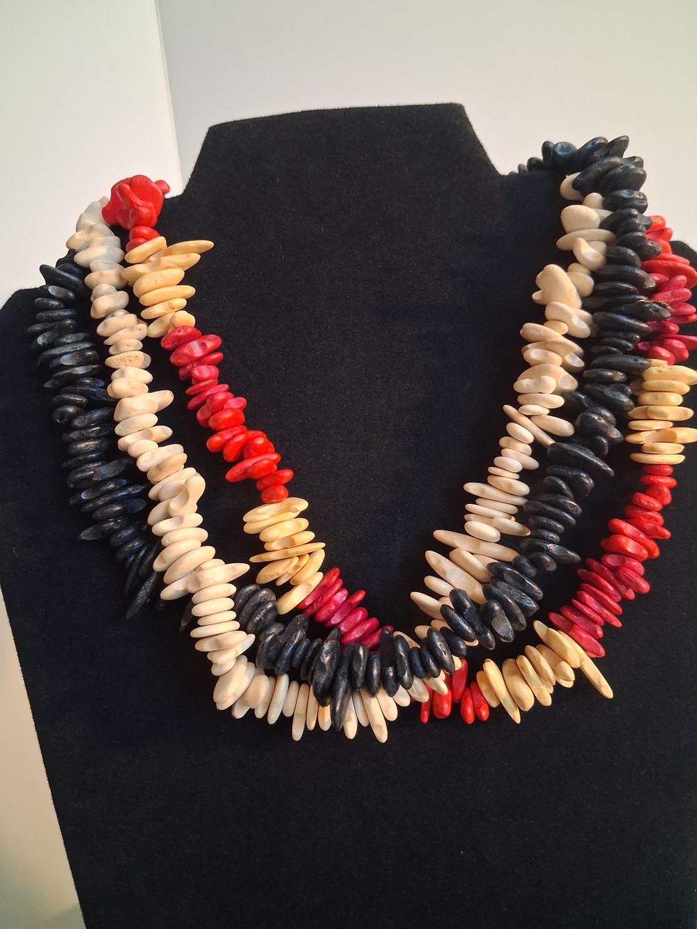 Multi-Strand Beaded Necklace in Red, Black and Cream